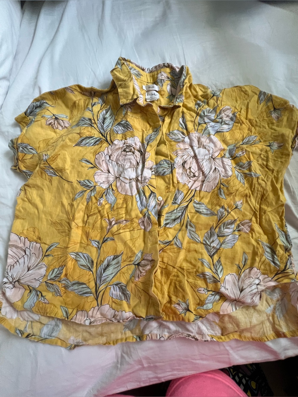 Nicole Miller linen Yellow Floral Linen flowy western summer coastal blouse M